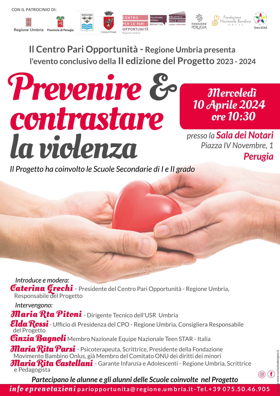 10 APRILE 2024, ore 10.30 – Sala dei Notari (Perugia) Evento conclusivo II Edizione del Progetto “PREVENIRE E CONTRASTARELA VIOLENZA” 2023/2024