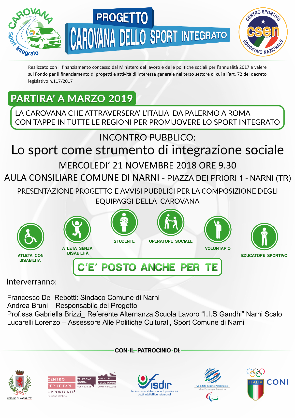Il CPO aderisce al Progetto 'Carovana dello Sport Integrato' - Mercoledì 21 Novembre, a Narni, incontro pubblico di presentazione