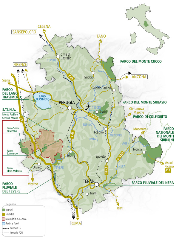 Carta dell'Umbria con indicazione dei parchi regionali