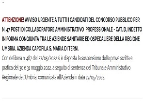 sospesa procedura concorso collaboratore amministrativo professionale Usl Aziende ospedaliere Umbria